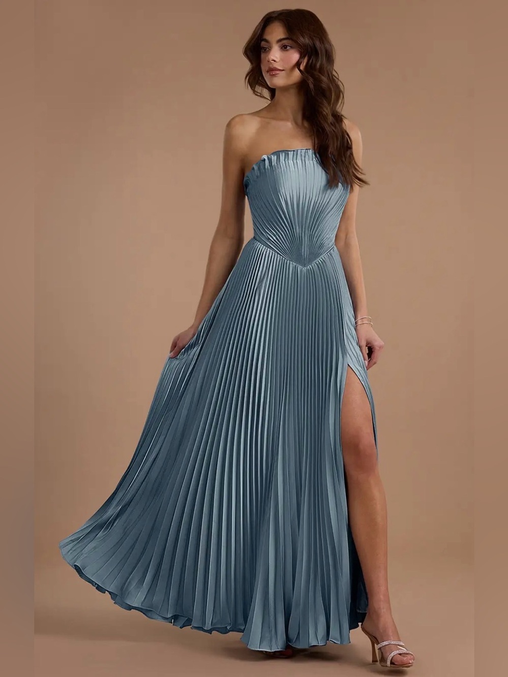 Pleated Gown in Dusty Blue
